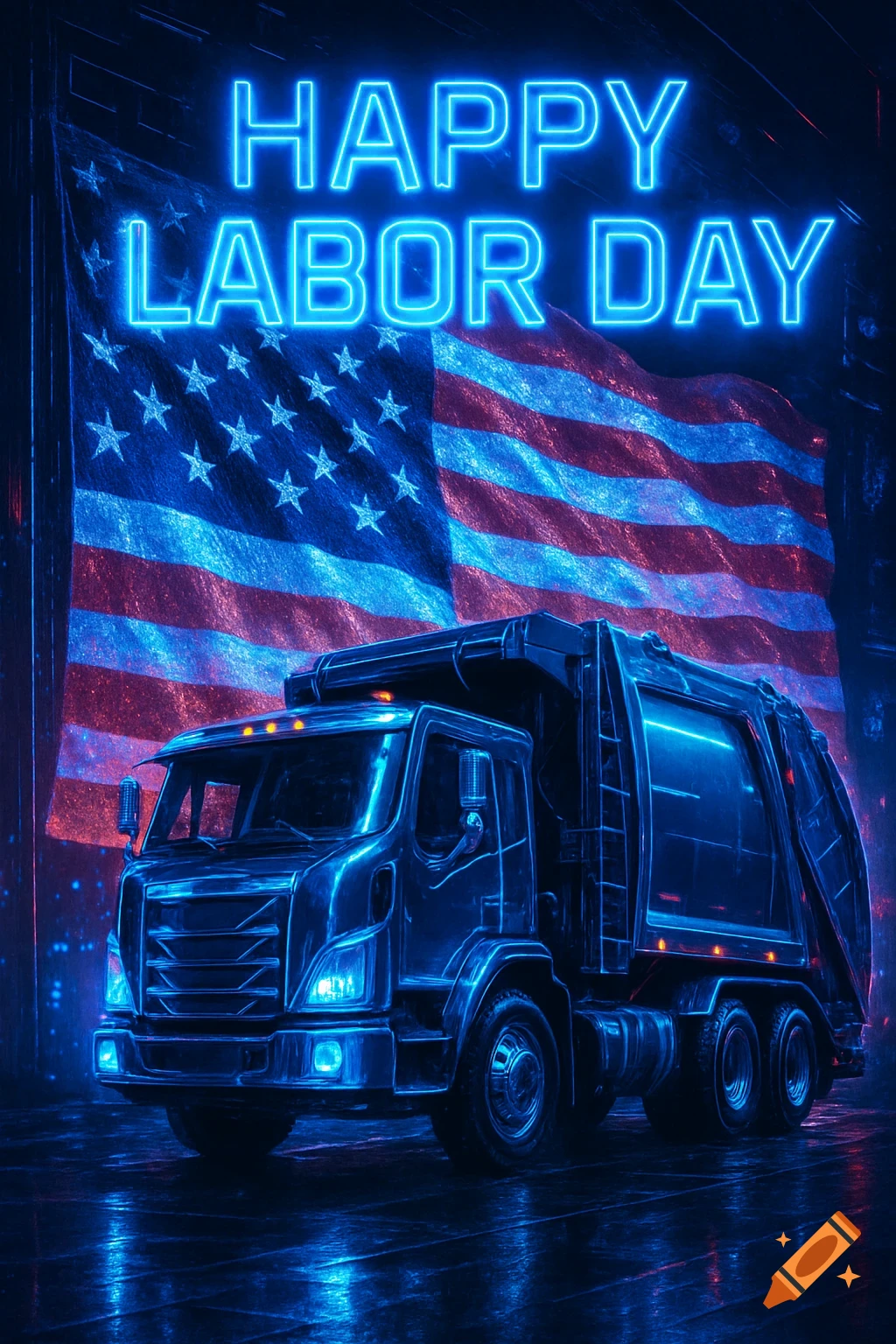 A cyberpunk style image of a blue neon lit trash truck in front of a textured American flag, with 'HAPPY LABOR DAY' in neon text above.