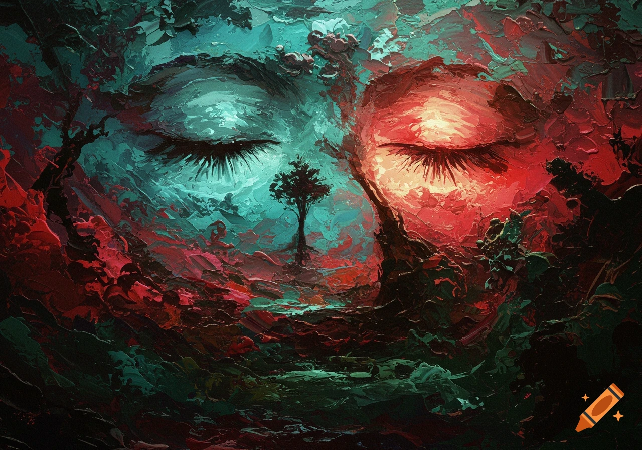 Abstract painting of a face composed of vibrant teal and red impasto strokes, with a small tree in the center.
