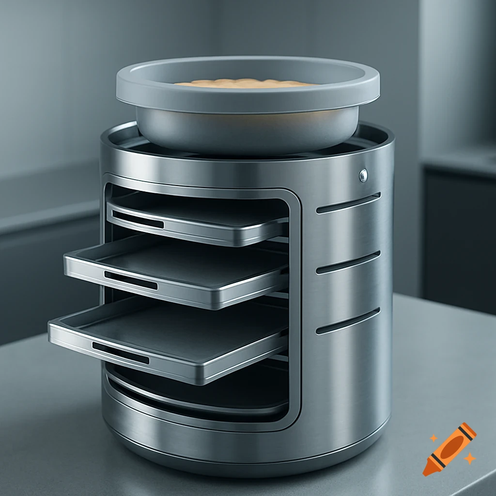 A photorealistic image of a modern, cylindrical stainless steel kitchen appliance with pull-out trays and a grey silicone container on top.