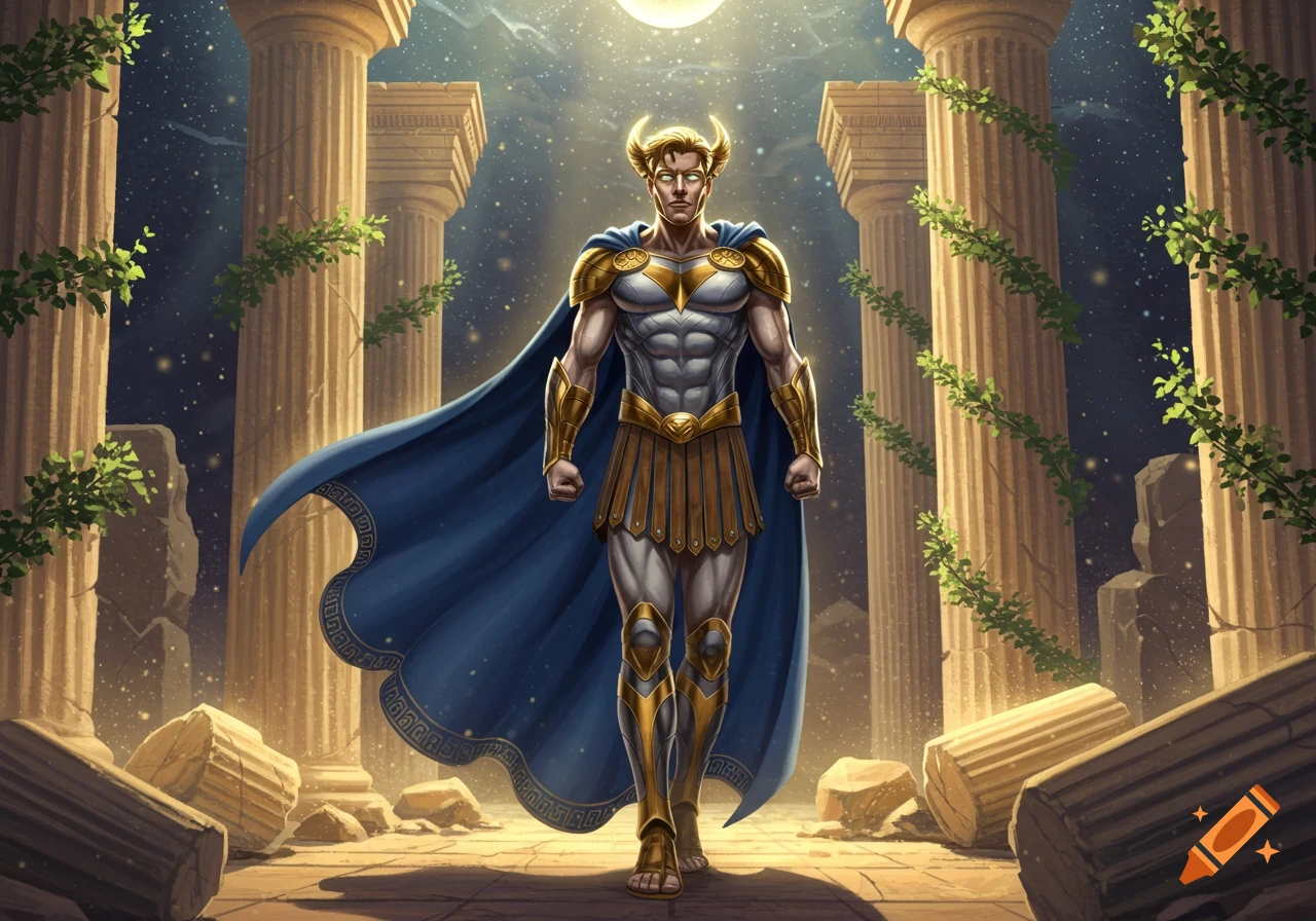A male superhero in golden and blue armor with a flowing blue cape stands heroically in ancient ruins under a moonlit, starry sky.