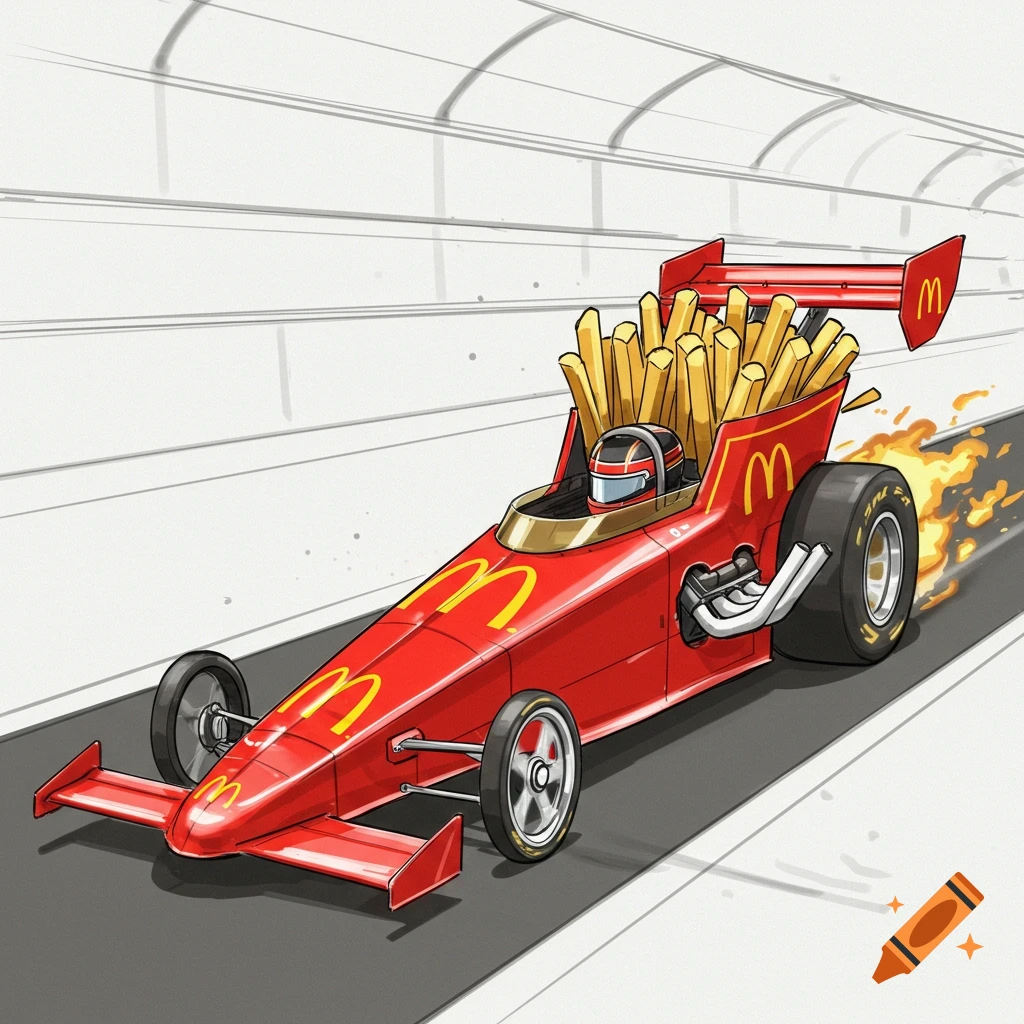 A red McDonald's french fry-themed dragster, driven by a racer, speeds down a track with flames from its exhaust in a cartoon style.