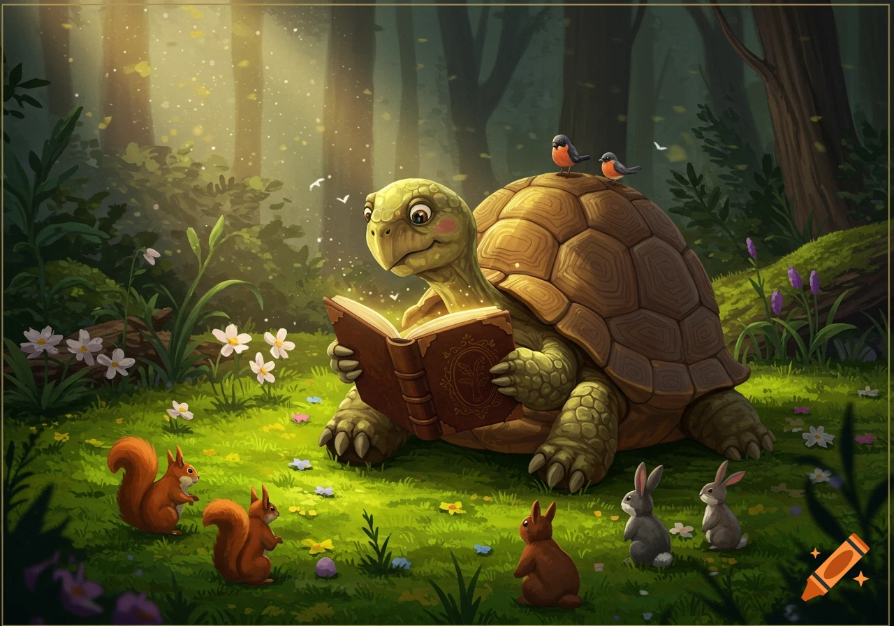 A cartoon turtle reads a glowing book in a sunlit forest clearing, surrounded by squirrels, rabbits, and birds.