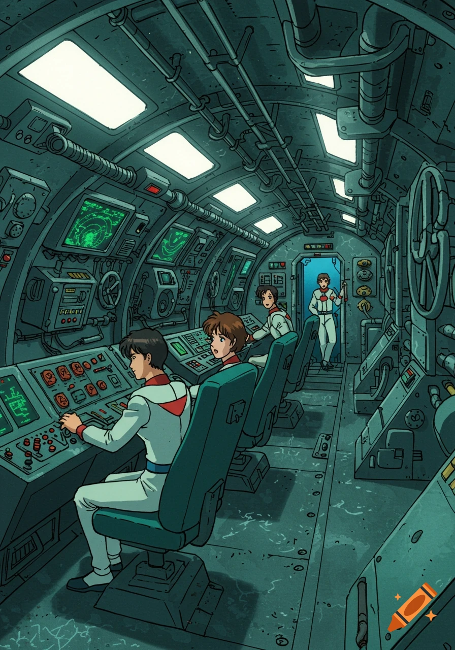 A 1990s anime-style illustration of a submarine or spaceship control room with three uniformed crew members operating consoles.