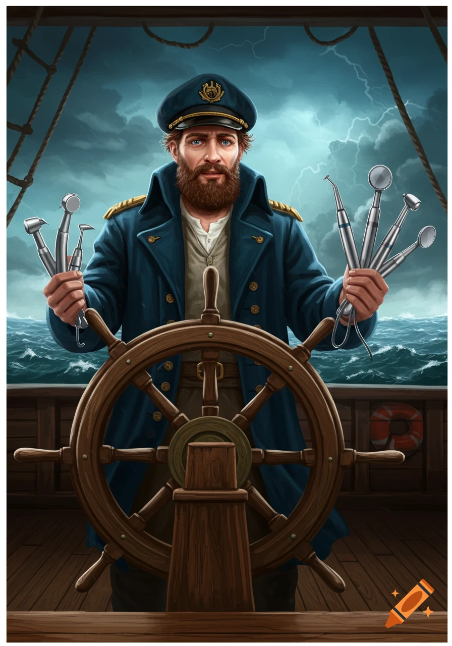 A bearded captain in a blue coat stands at a ship's helm, holding dental tools in a stormy sea, in an illustrated style.