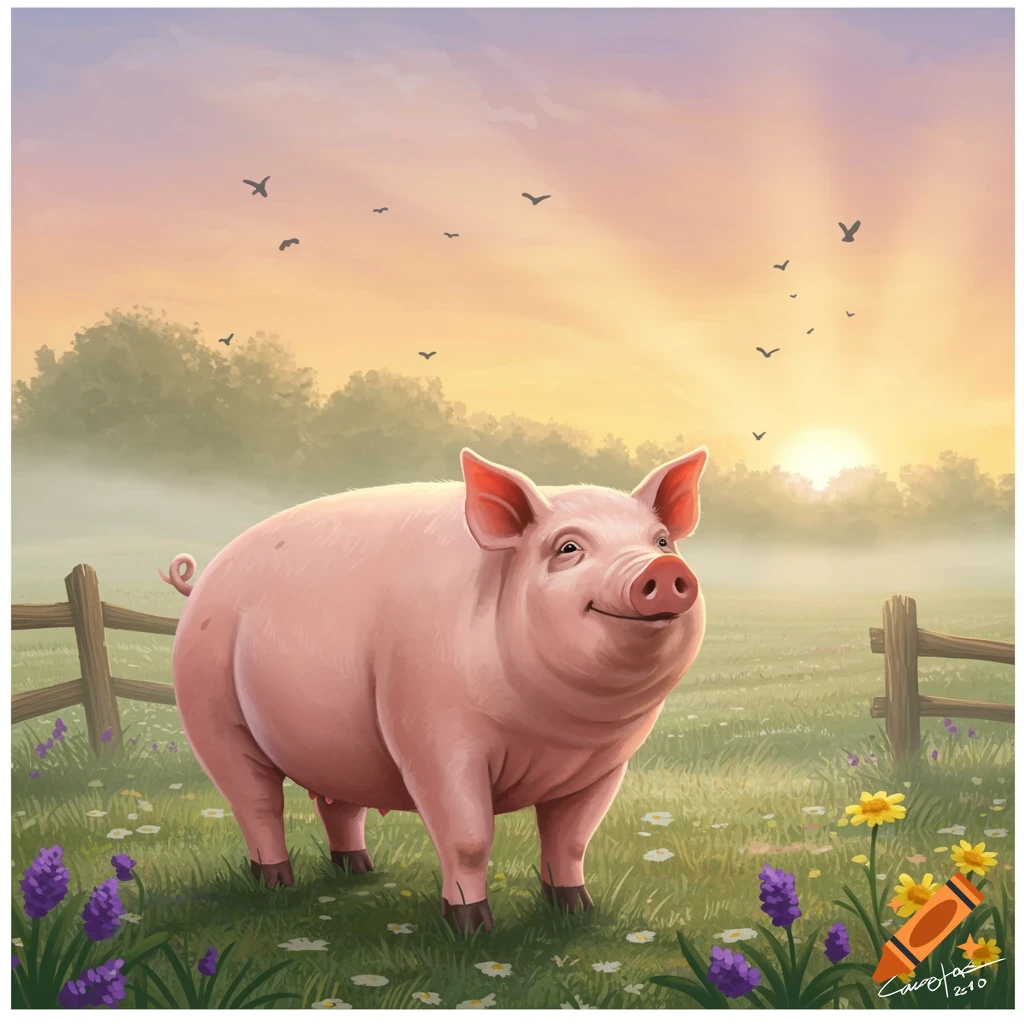 A pink pig stands smiling in a vibrant green field with purple and yellow flowers at sunrise, with birds flying in the pastel sky. Illustrated style.