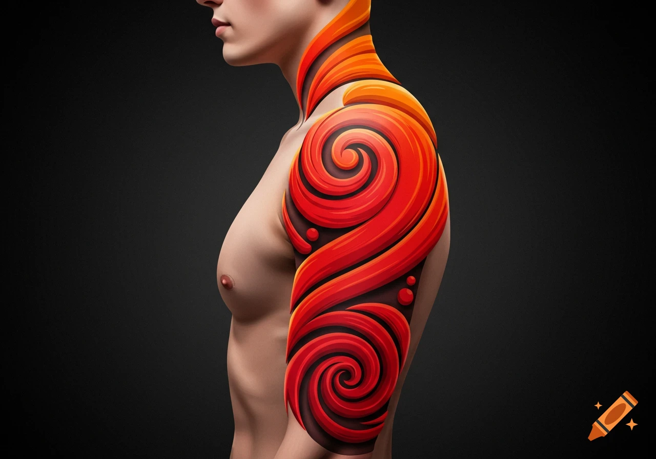 Stylized illustration of a person's torso and arm, featuring a vibrant red and orange spiral tattoo from the neck to the bicep.