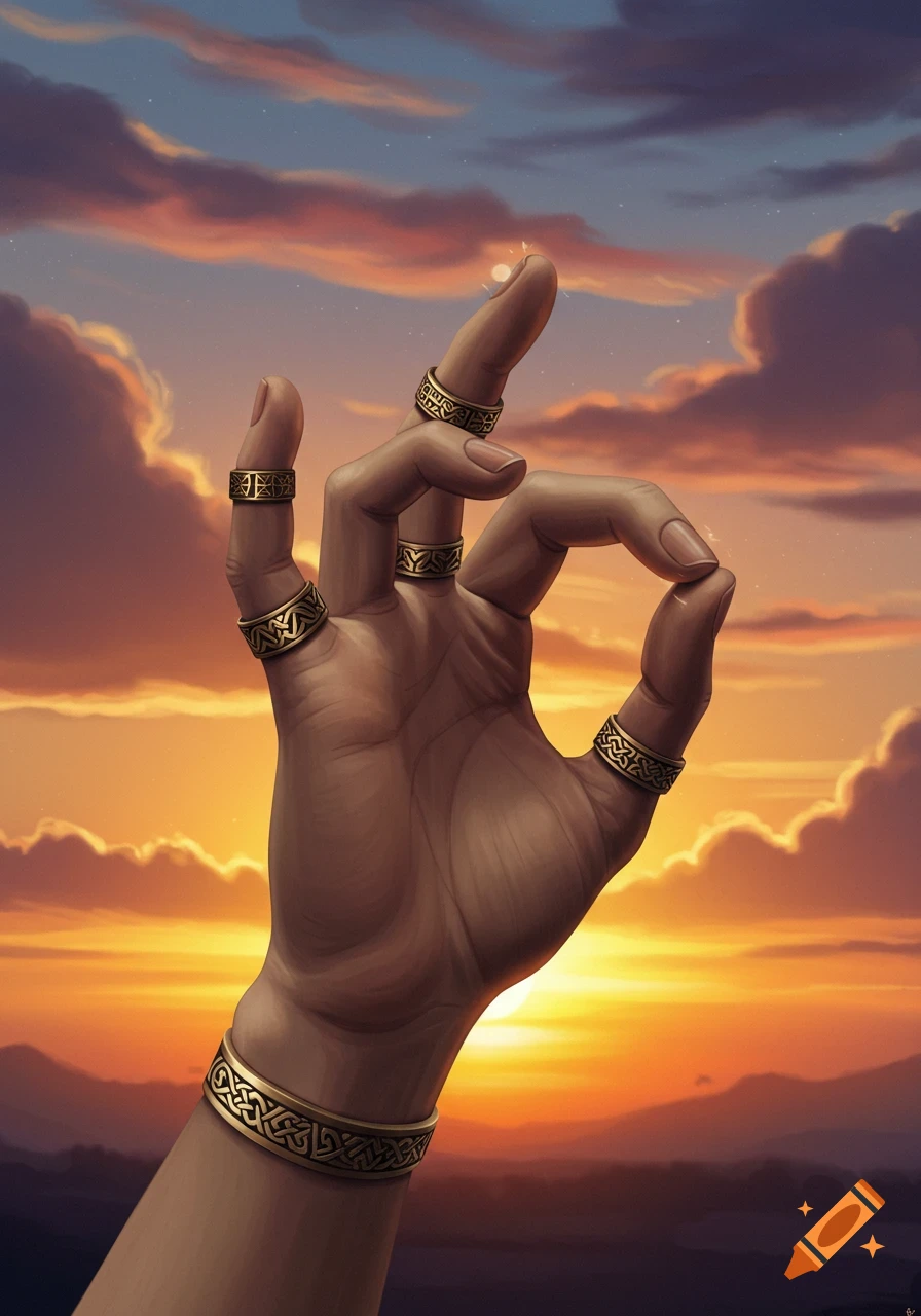 A stylized hand adorned with Celtic-symbol rings and a bracelet reaches upward against a vibrant golden hour sunset sky with clouds and mountains.