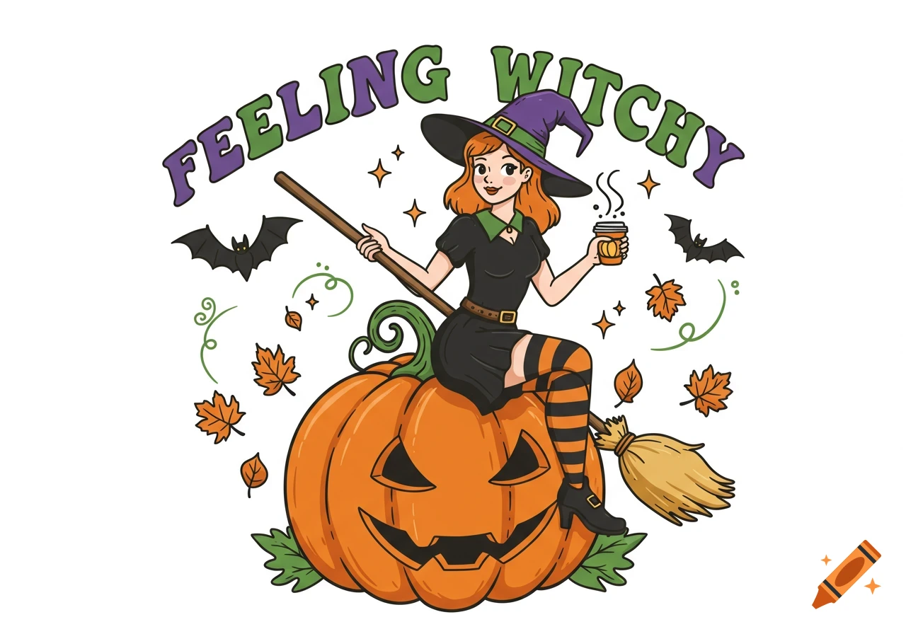 Cartoon Halloween illustration of a witch sitting on a jack-o'-lantern with 'FEELING WITCHY' text, bats, and leaves.