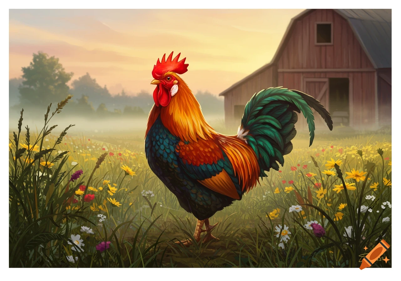 A colorful rooster stands in a field of wildflowers with a red barn in the background at sunrise, digital painting style.