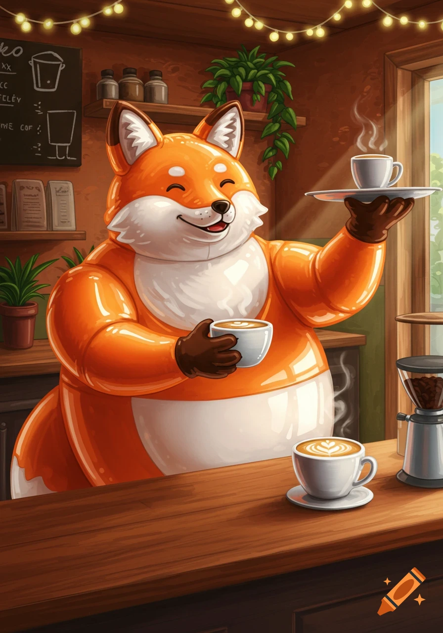 A smiling, plump, orange fox barista holds a cup and a tray with coffee in a cozy cafe.