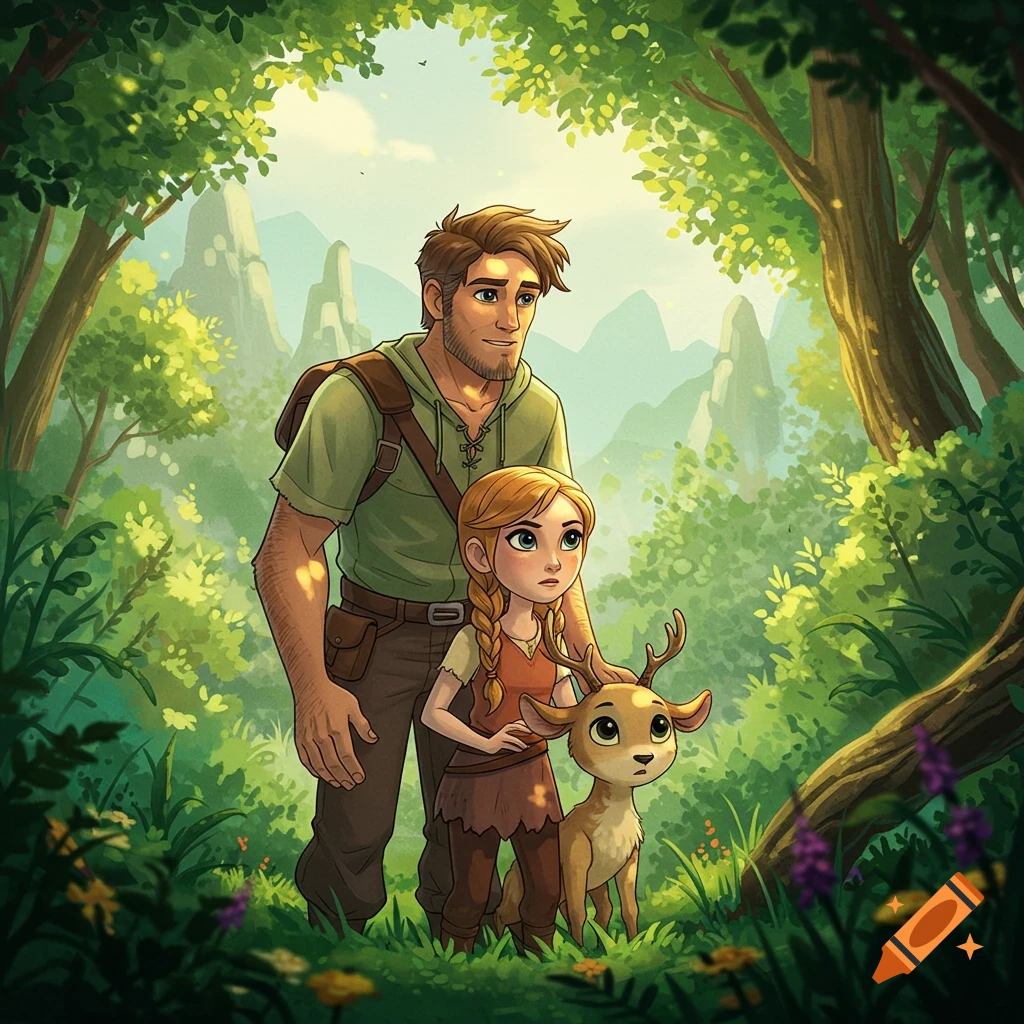An animated man, young girl, and a small deer stand in a lush green forest with mountains in the background.