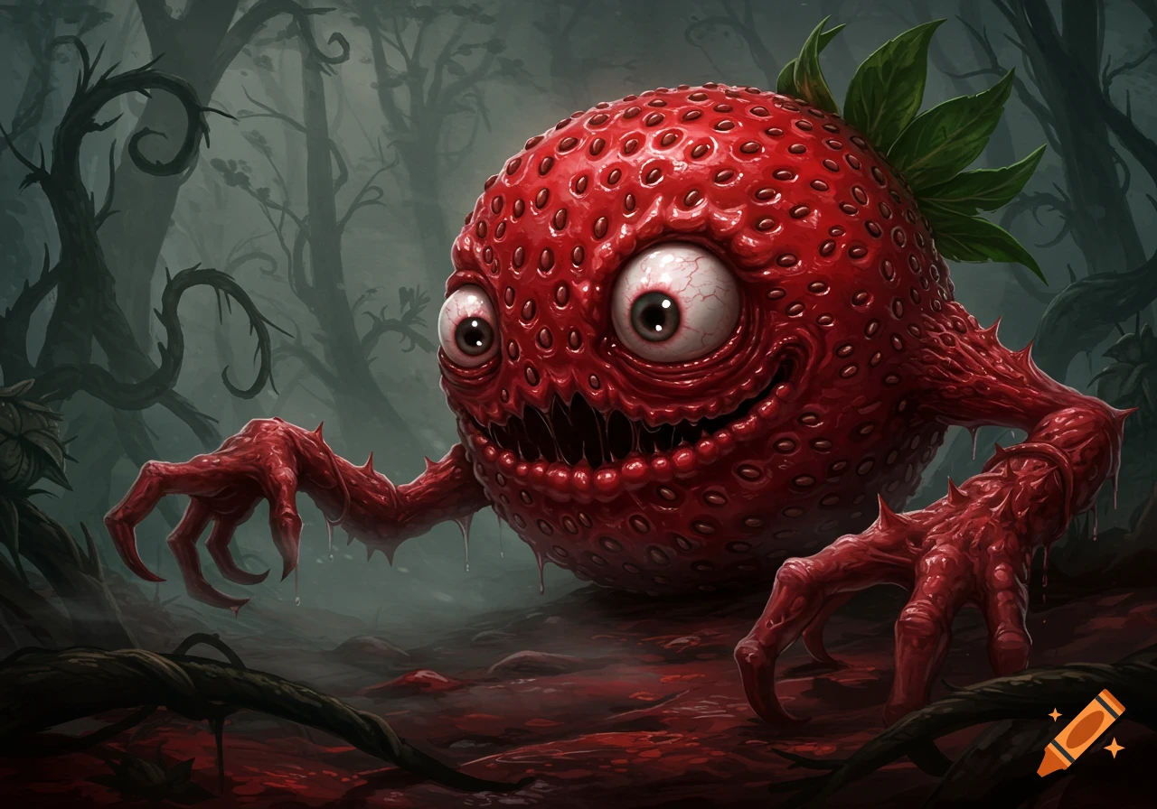A creepy red strawberry monster with large bloodshot eyes, a jagged mouth, and clawed arms in a dark, gnarled forest.