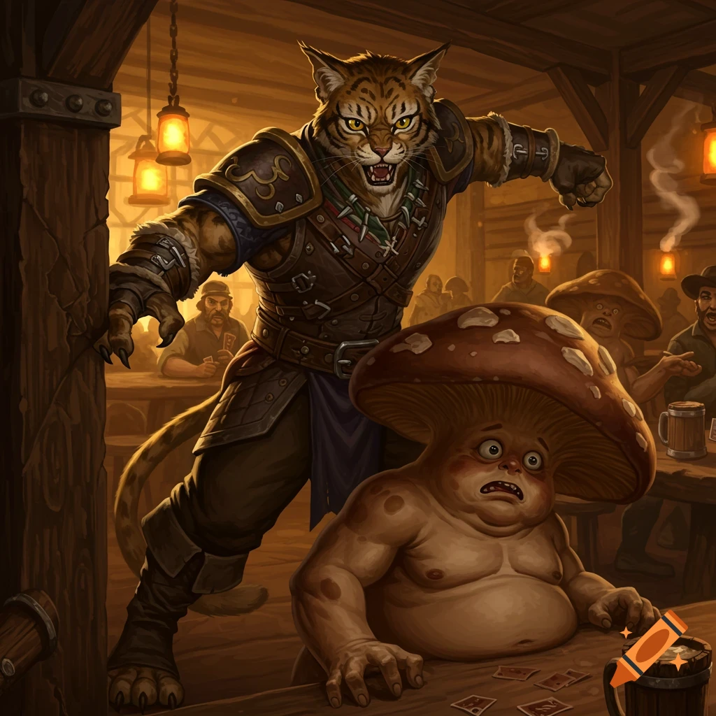 A ferocious anthropomorphic cat-man in armor looms over a scared mushroom-man at a tavern table.