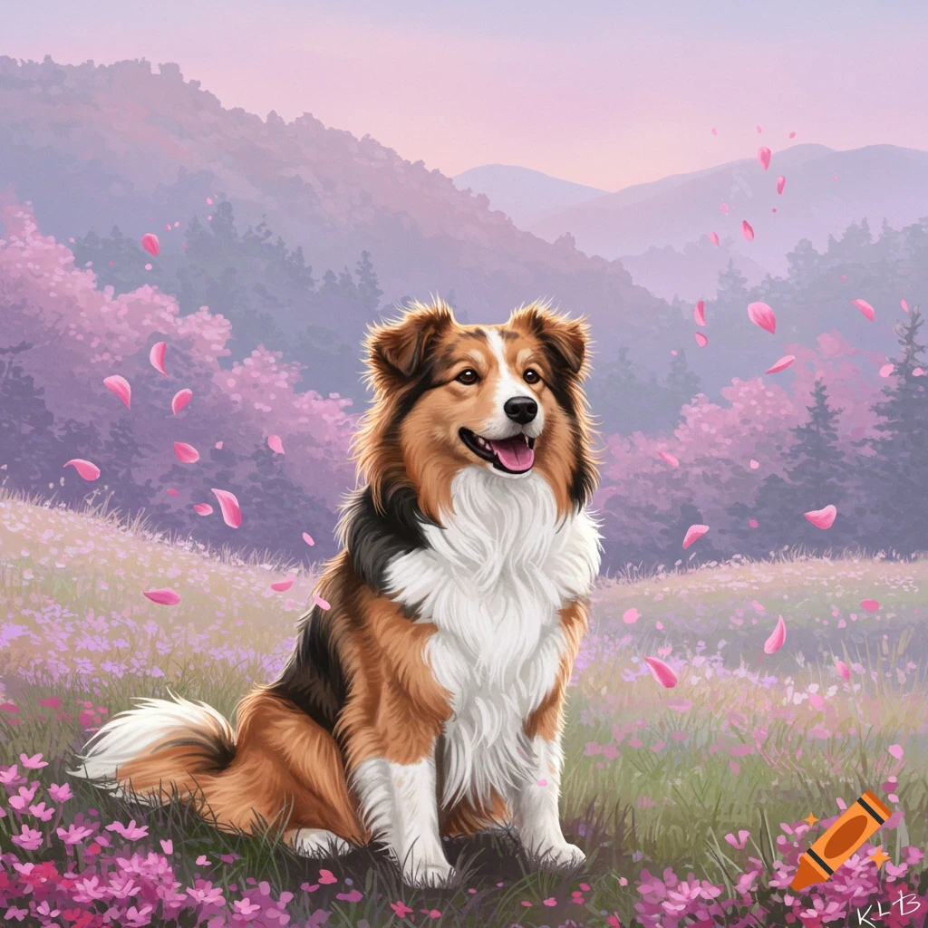 A joyful fluffy dog sits in a whimsical, pink-flowered field with mountains and falling petals, in a digital painting style.