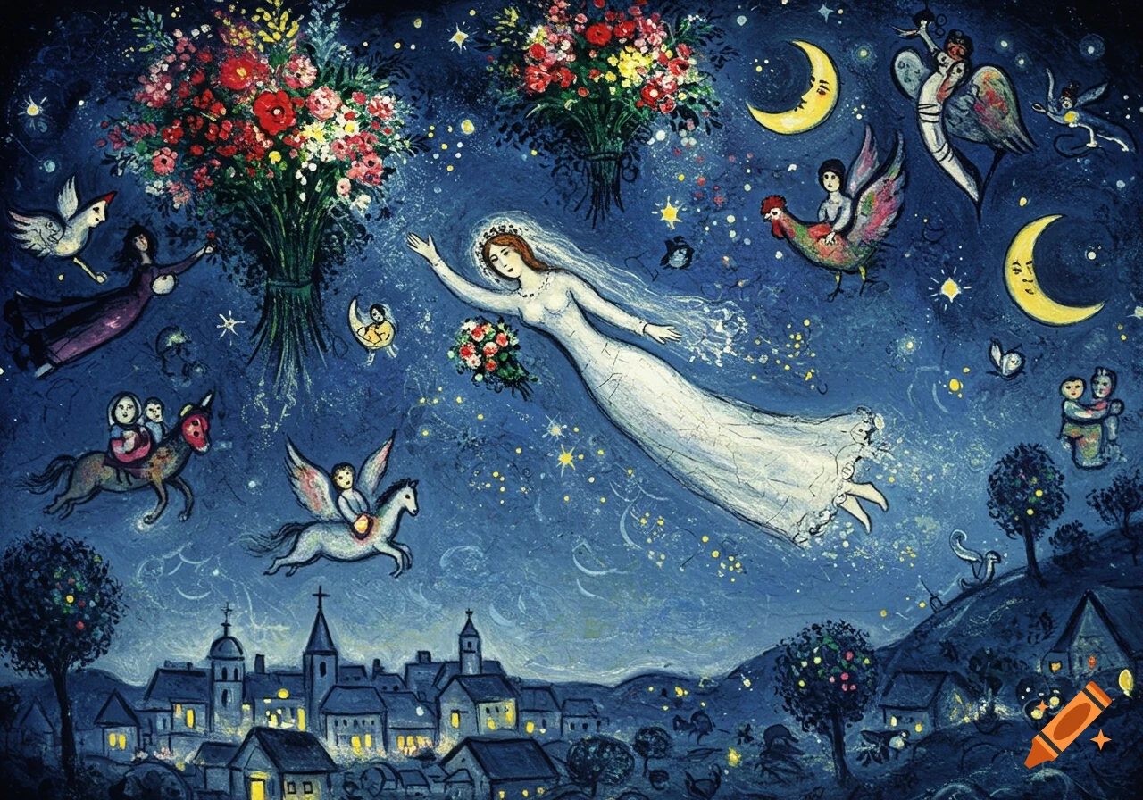 A vibrant Marc Chagall-style painting of a bride floating through a starry night sky above a village, with flowers and other figures.