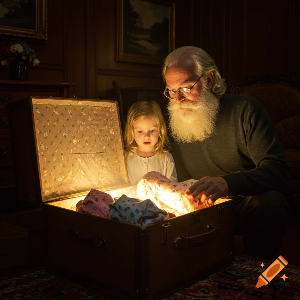 A white-bearded grandfather and a little blonde girl look into a glowing open travel trunk filled with colorful pajamas in a dimly lit room.