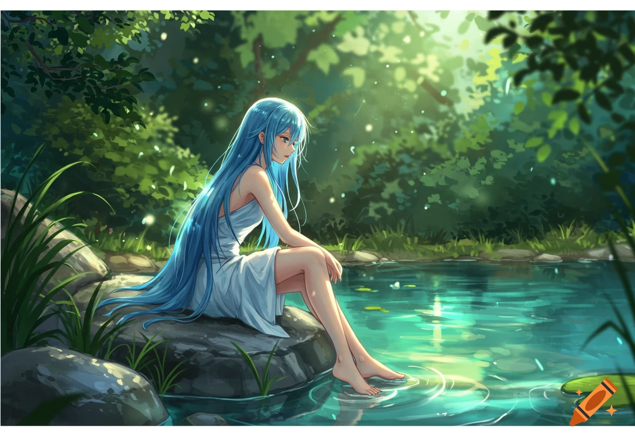Anime woman with long blue hair sitting by a pond in a lush forest, with her feet in the water.