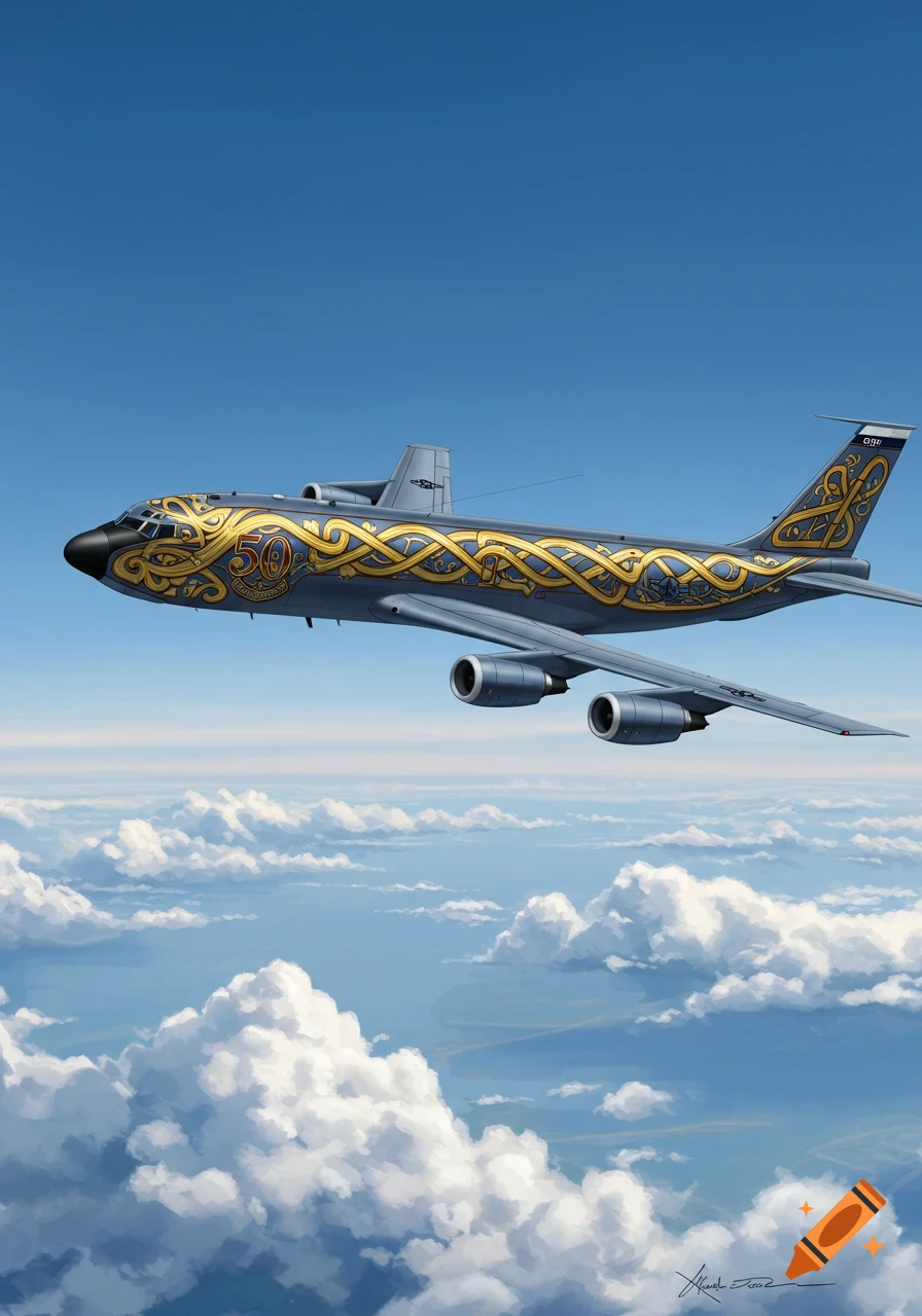 A grey KC-135R refueler airplane with an ornate gold Celtic knot pattern and a prominent '50' on its side flies through a blue sky above white clouds.