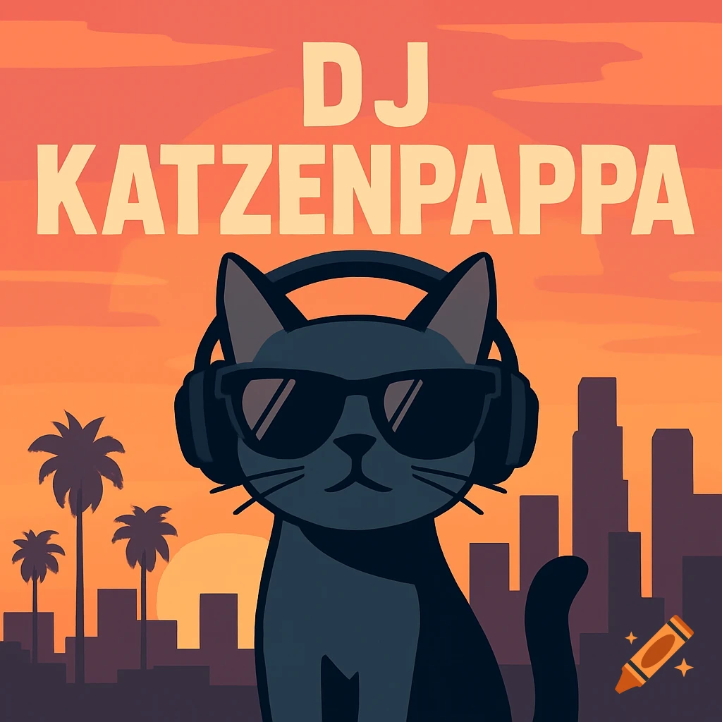 A cartoon black cat with headphones and sunglasses sits in front of a Los Angeles sunset cityscape with the text "DJ KATZENPAPPA" in large letters.