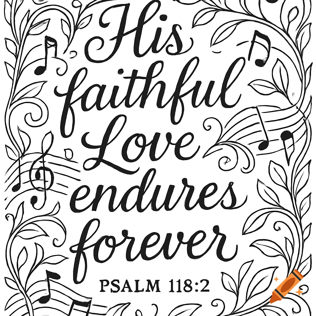 A black and white coloring page design with the text "His faithful Love endures forever. PSALM 118:2" surrounded by floral vines and musical notes.