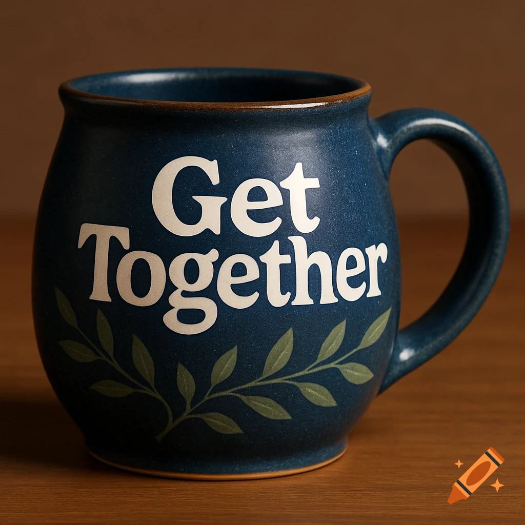 A dark blue ceramic mug with 'Get Together' written in white text and green leaf designs.