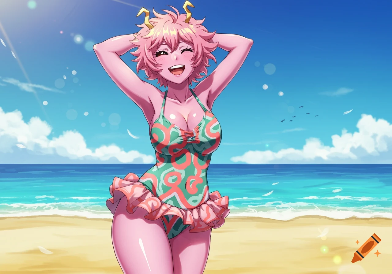 Pink-skinned anime girl Mina Ashido happily poses in a green and pink swimsuit on a sunny beach.
