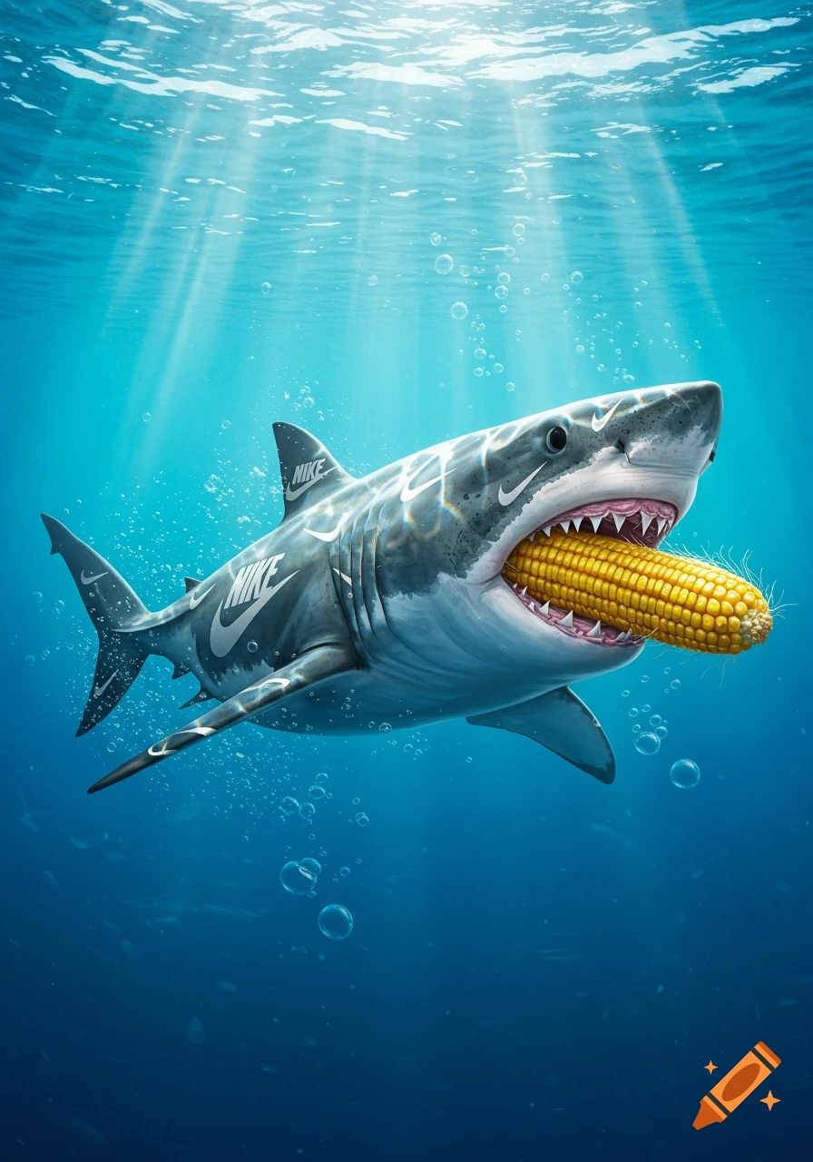 A great white shark with Nike logos on its body swims underwater, eating a large ear of corn.