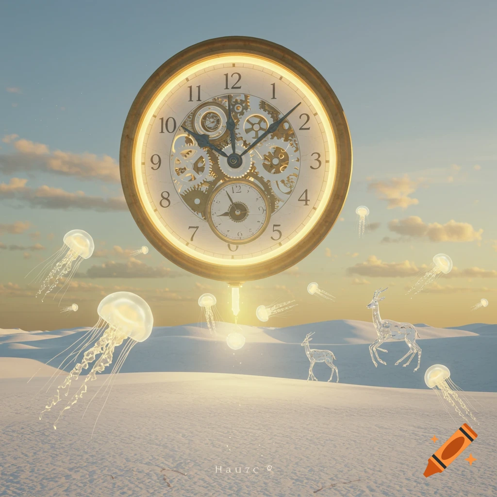A giant glowing gold clock floats above a white desert landscape with glowing jellyfish and translucent deer, under a soft sky.