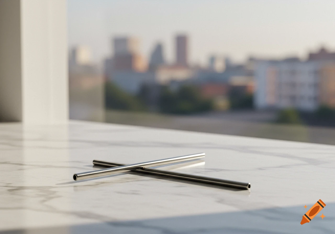 Two metal straws lying on a white marble countertop with a blurred city skyline in the background.
