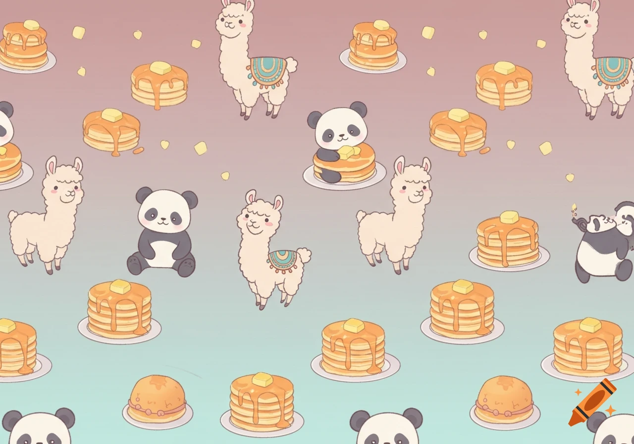 A seamless pattern of cute cartoon llamas, pandas, and stacks of pancakes with butter and syrup, on a gradient background.
