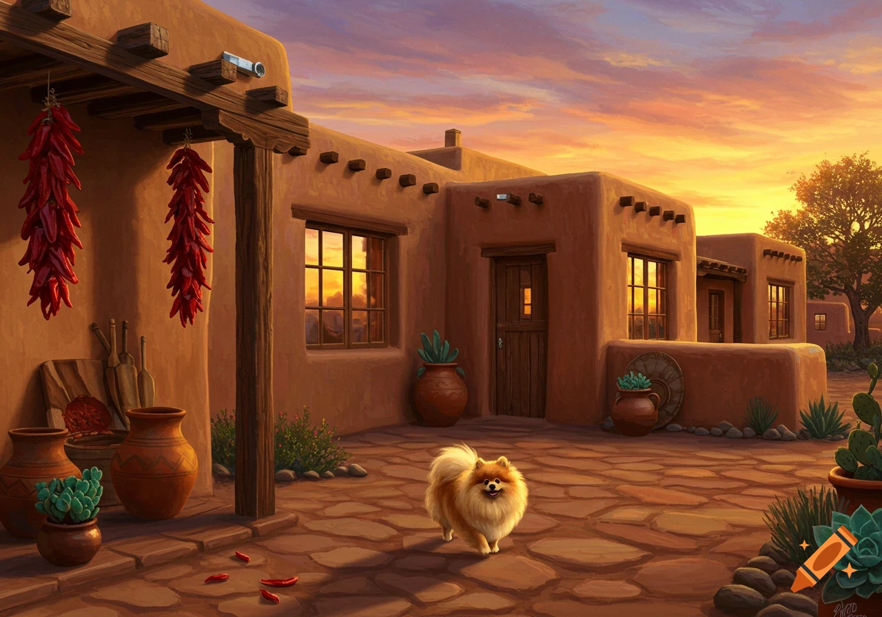 A fluffy Pomeranian walks on a stone patio in front of a traditional adobe house with red chili ristras hanging, under a vibrant sunset.
