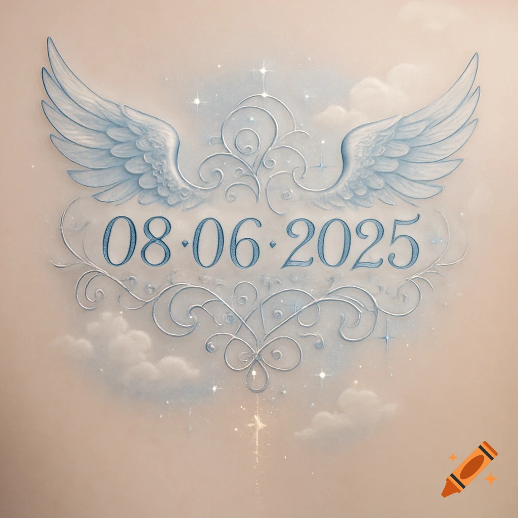 Light blue angelic wings and silver filigree frame the date 08062025 against a soft, starry cloud background.