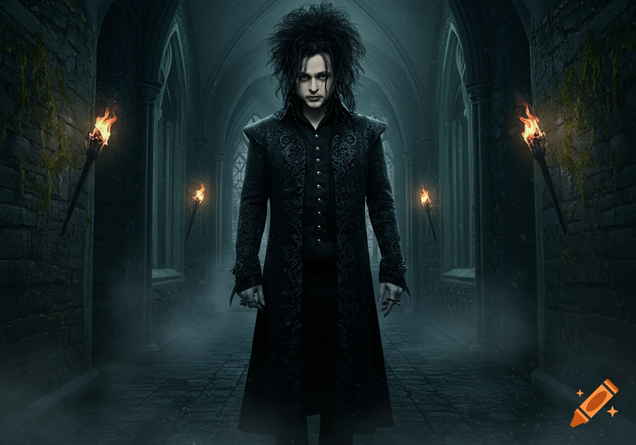 A dark-haired man in an ornate black coat stands in a misty, gothic stone corridor lit by torches.