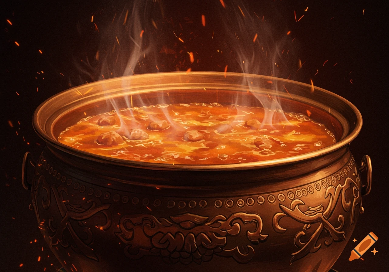 A close-up of a steaming, ornate bronze cauldron filled with an orange stew, with glowing embers rising from it on a dark background.