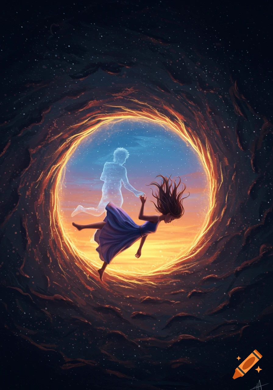 A woman in a purple dress falls into a fiery portal, reaching away from a translucent man in a starry sky.