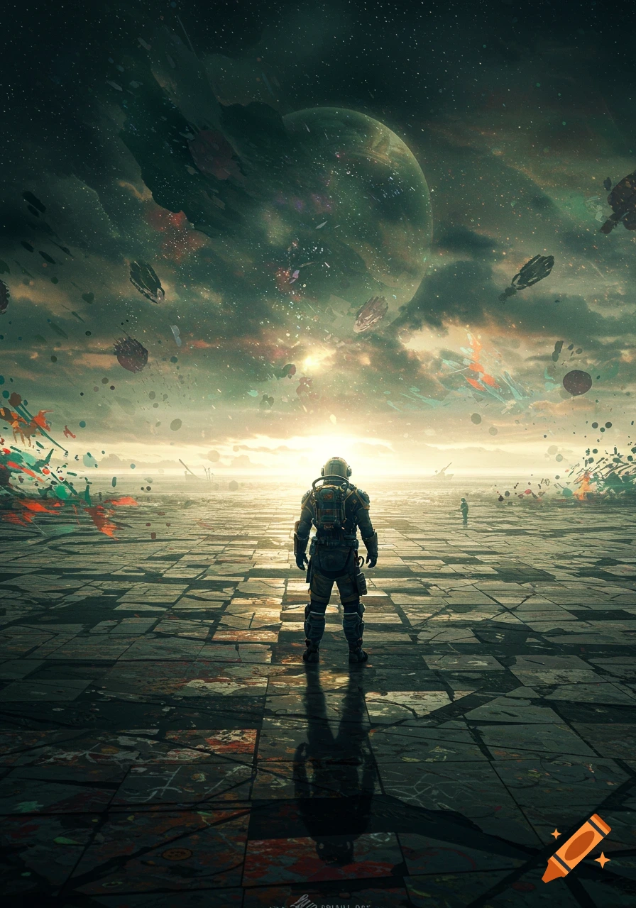 An astronaut stands on a vast tiled plain facing a colossal planet in a dark, surreal sky filled with abstract elements and a bright distant sun.