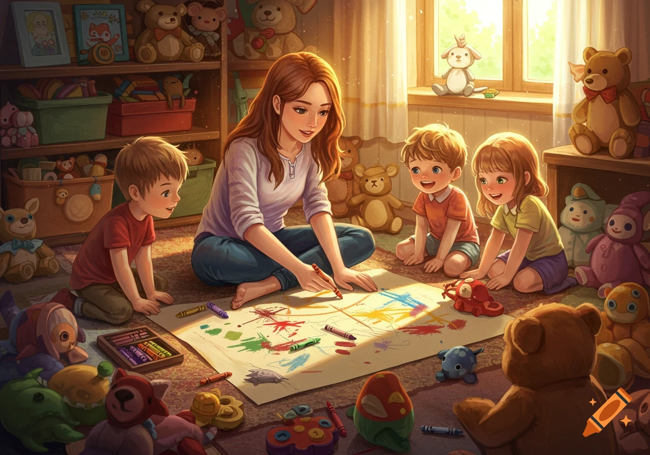 A woman and three children drawing with crayons on paper in a bright playroom, surrounded by toys and stuffed animals.