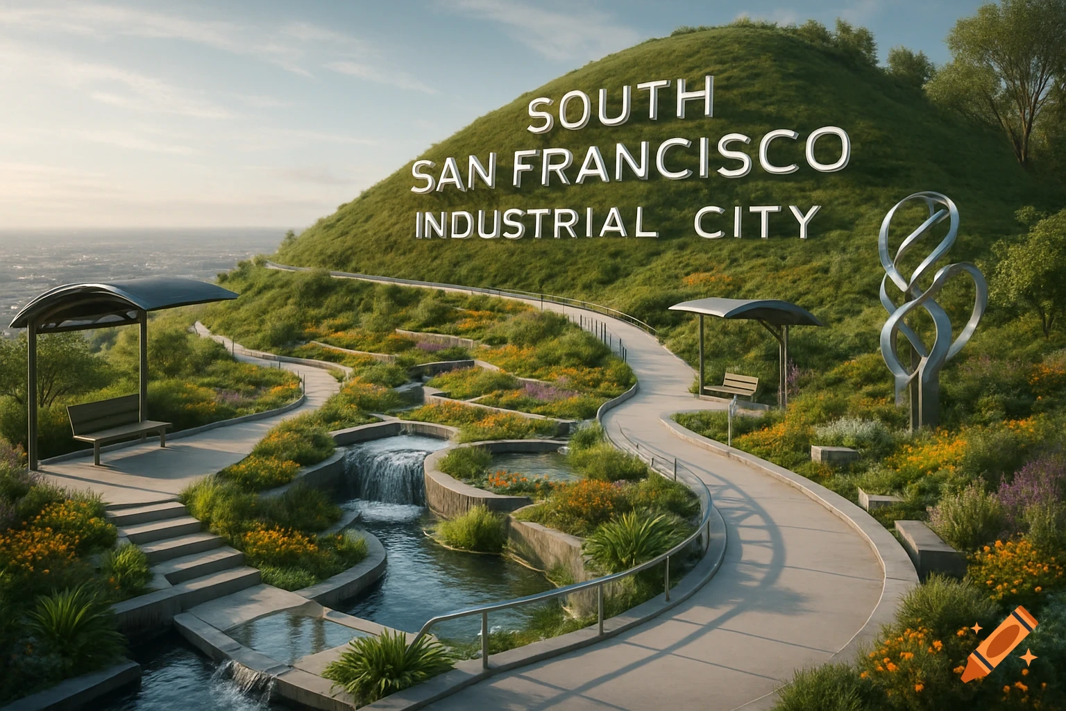 A scenic terraced park on a hill with winding pathways, waterfalls, and lush greenery. The text 'SOUTH SAN FRANCISCO INDUSTRIAL CITY' is large on the hillside. Benches and shelters are along the path, with a city skyline in the distance.