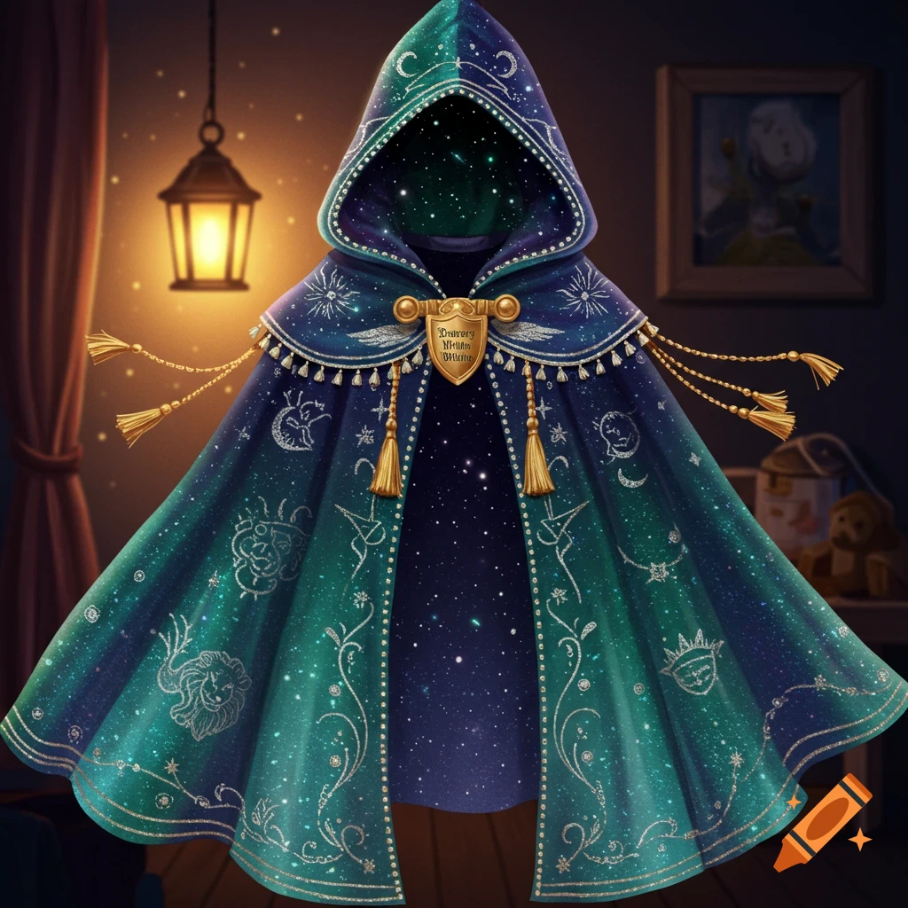 A magical, star-spangled cloak in green and blue with constellation designs, featuring a golden shield brooch.