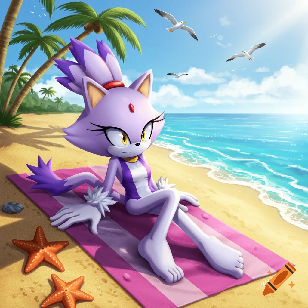 Blaze the Cat in a purple and white swimsuit lies on a pink and white striped beach towel on a sandy beach with palm trees and the ocean.