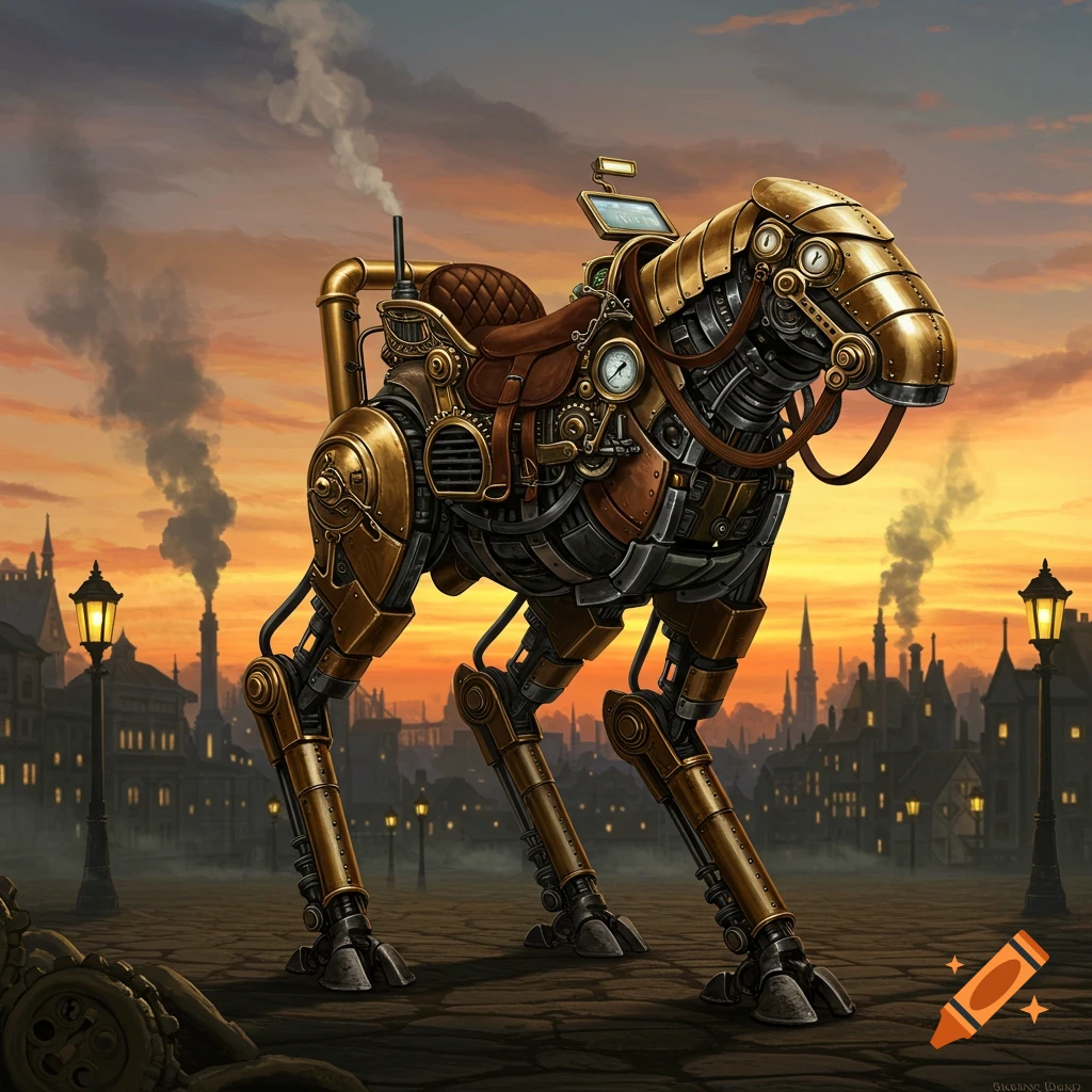 A detailed steampunk robot horse with a saddle, standing on a cobblestone street at sunset, with a city skyline in the background.