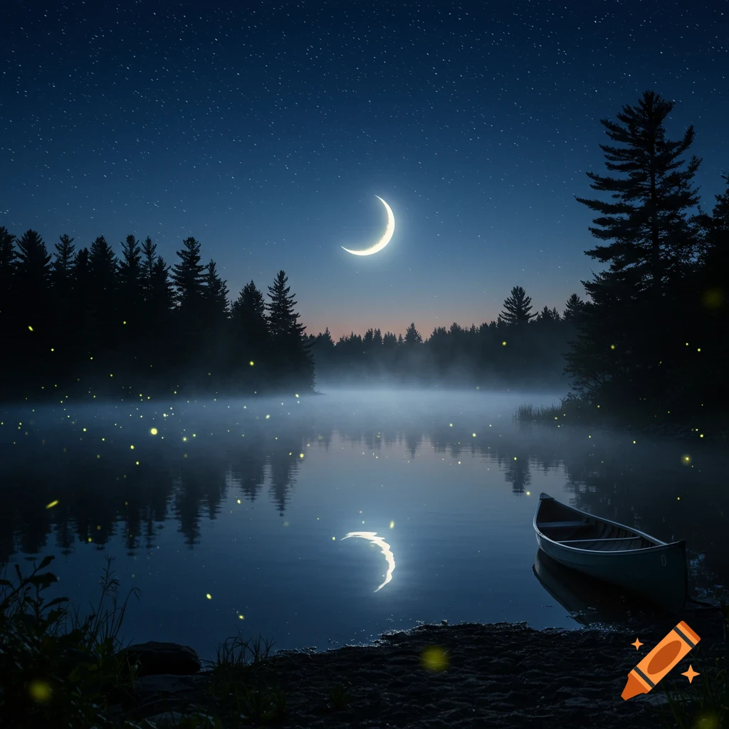 A crescent moon shines over a misty lake with fireflies and a canoe by a dark forest at night.