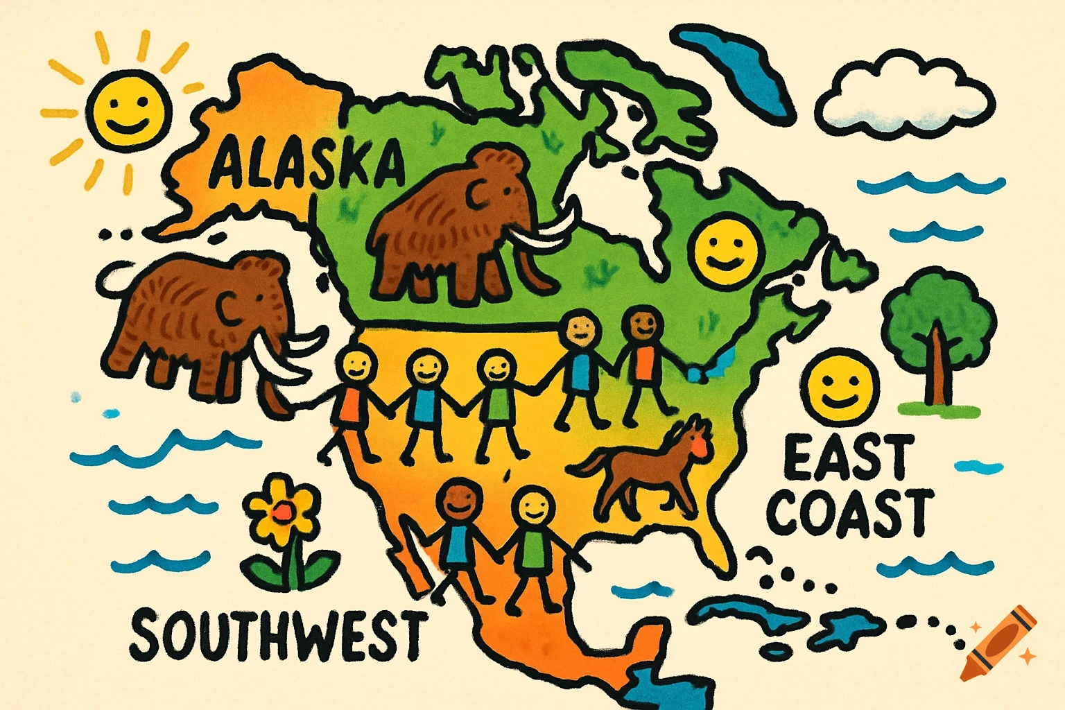 A colorful, child-friendly cartoon map of North America with stick figures, mammoths, and a horse, labeled ALASKA, SOUTHWEST, and EAST COAST.