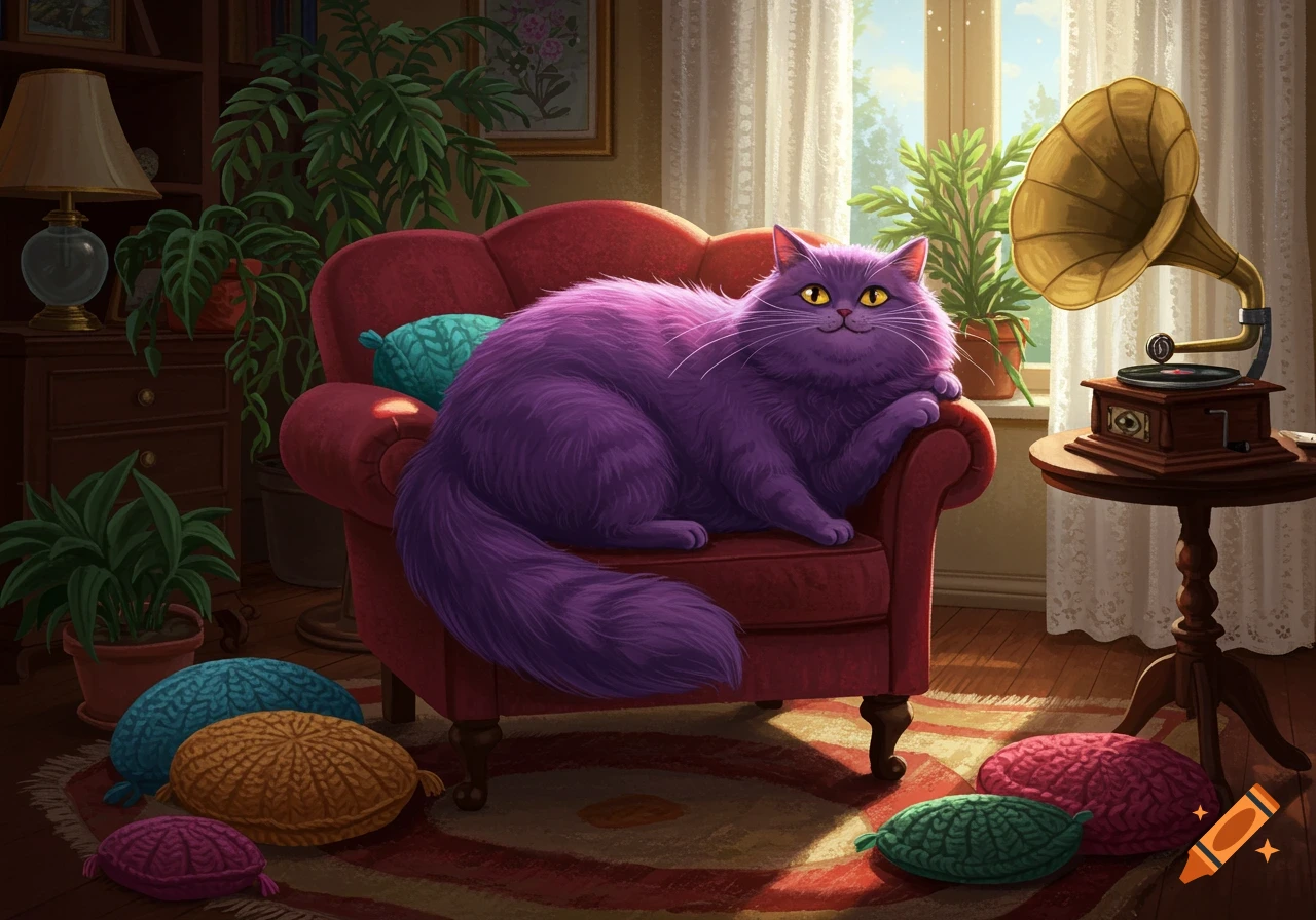 A fluffy purple cat lounges on a red armchair in a sunlit room with plants and a gramophone, illustrated.