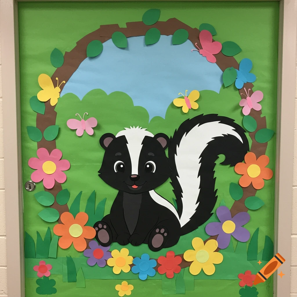 A cute cartoon skunk sits among colorful paper flowers and butterflies on a green door decoration.