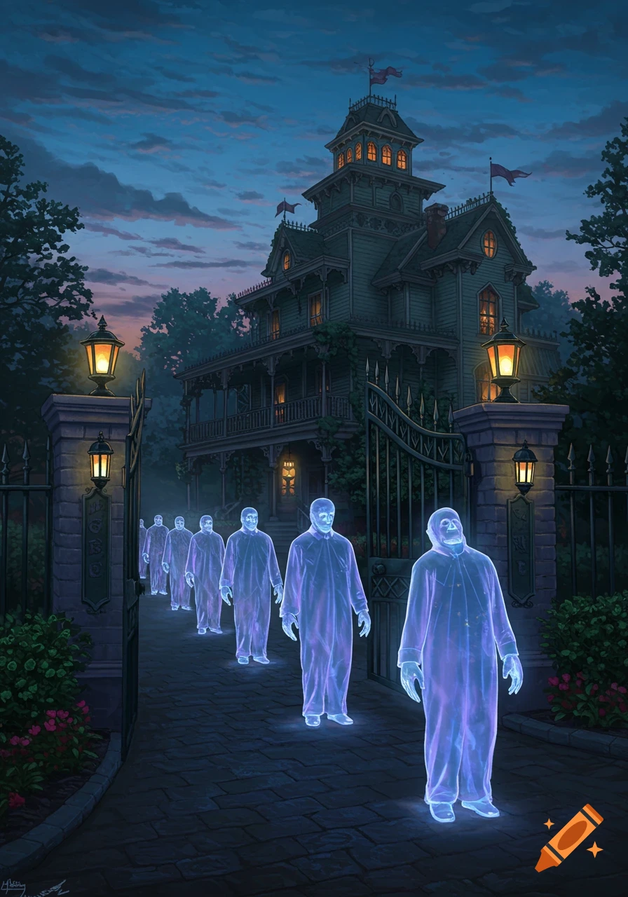 A line of glowing purple ghosts walk along a paved path towards a large, dark, old Victorian haunted mansion at dusk.