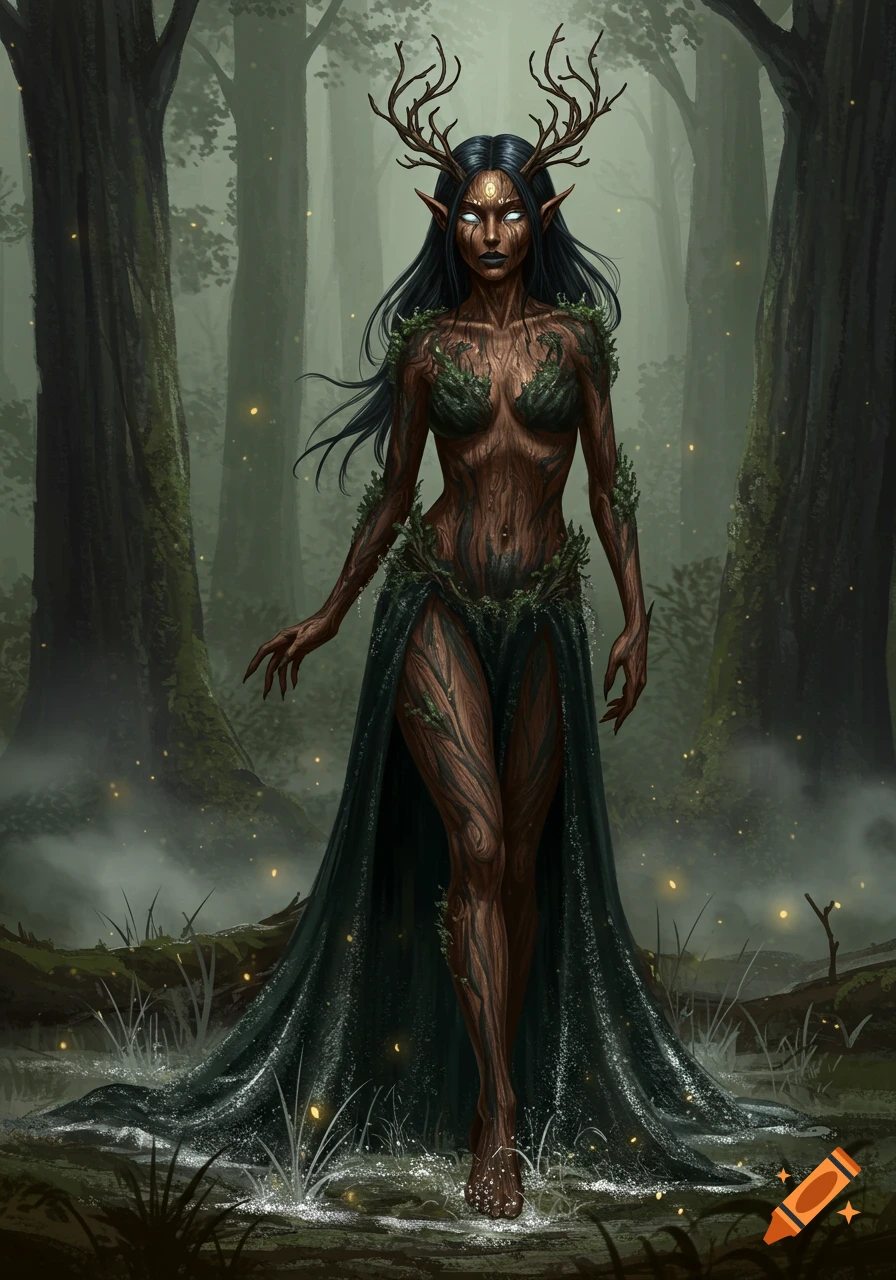 A dark-skinned elf with antlers, bark-textured skin, and a long green dress stands in a misty forest.