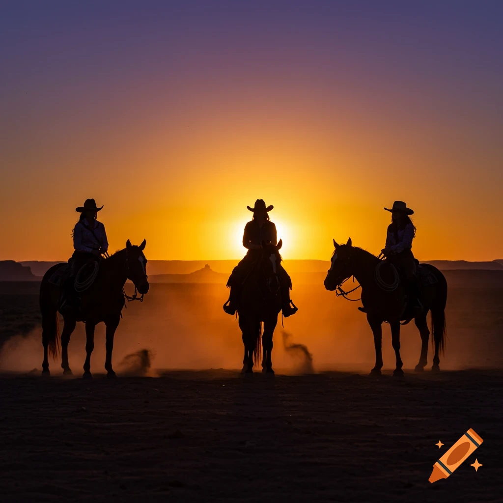 Three silhouetted cowgirls on horseback at sunset in a dusty western landscape.