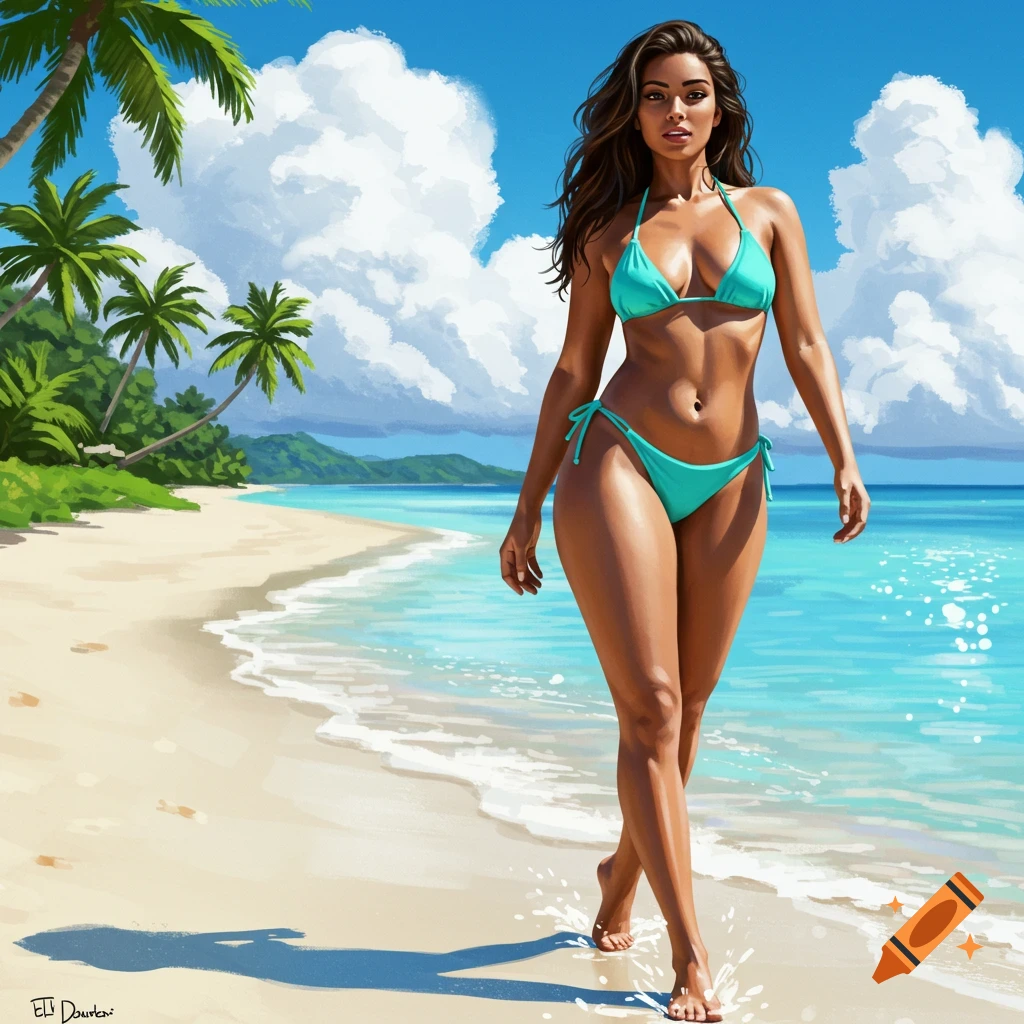A woman in a turquoise bikini walks on a sandy beach next to the ocean, under a clear blue sky with white clouds.