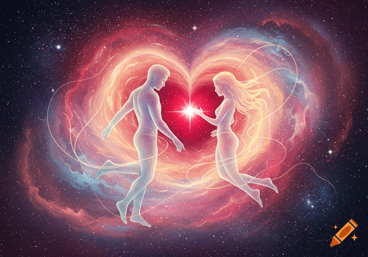 Two glowing ethereal figures, a man and a woman, float in a heart-shaped nebula amidst a star-filled cosmos, reaching towards a bright central light.
